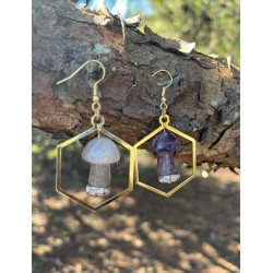 Amethyst mushroom hexagon gold earrings