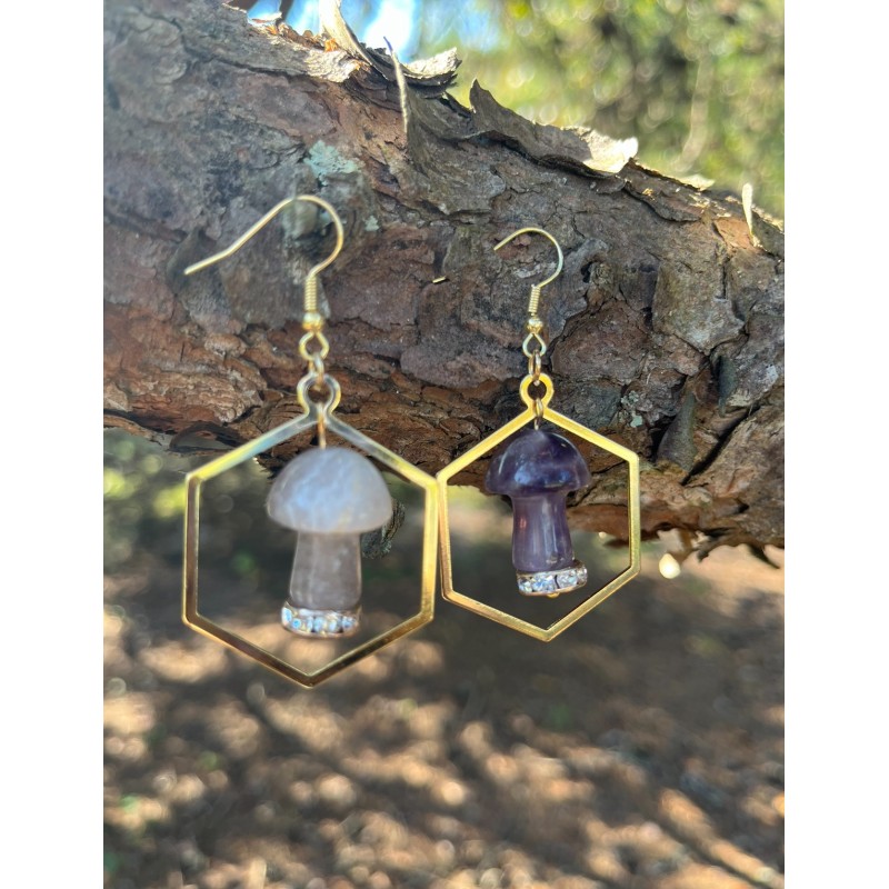 Amethyst mushroom hexagon gold earrings