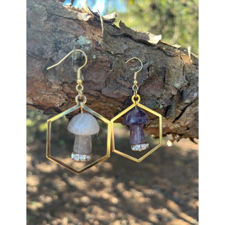 Amethyst mushroom hexagon gold earrings